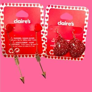 Claire’s Pierced Earrings red hearts love dangling arrows NEW Valentine’s Day